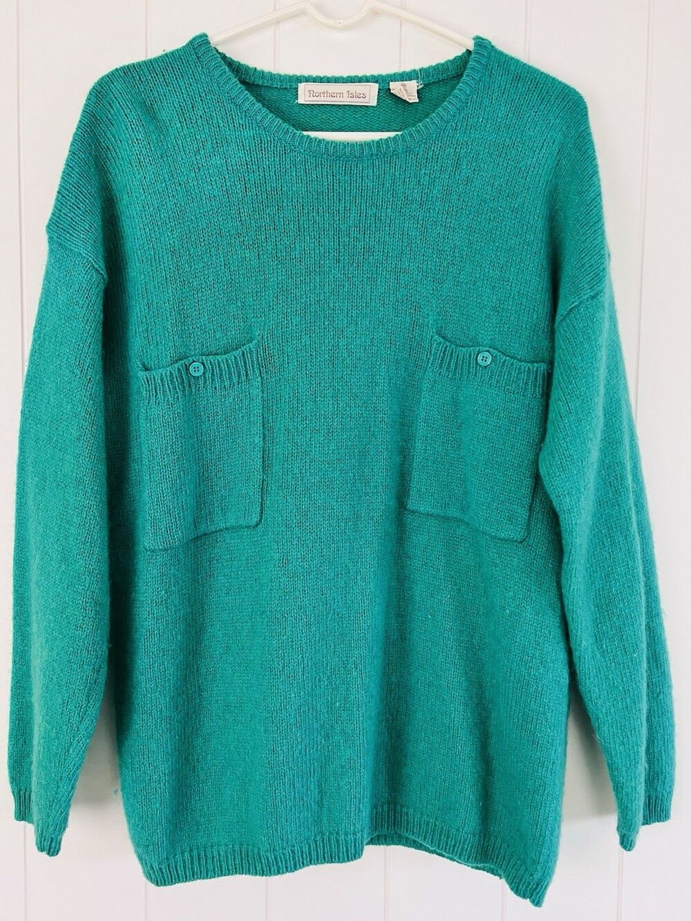 Vintage Northern Isles Teal Green Wool Blend Hand Knit Sweater Womens Medium